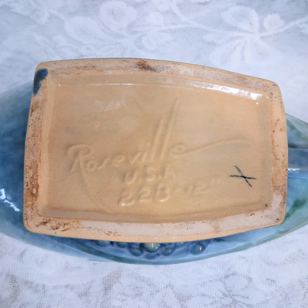 Vintage Roseville Pottery Wincraft Console Bowl Azure Blue Grapevine 228-12 - Picture 13 of 16